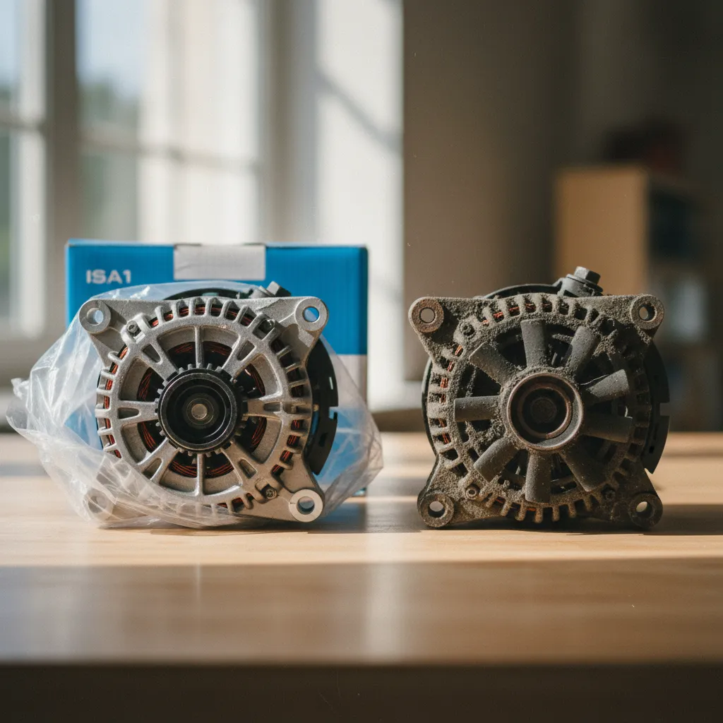 Comparaison entre un alternateur neuf et un modèle usagé montrant les traces d'usure