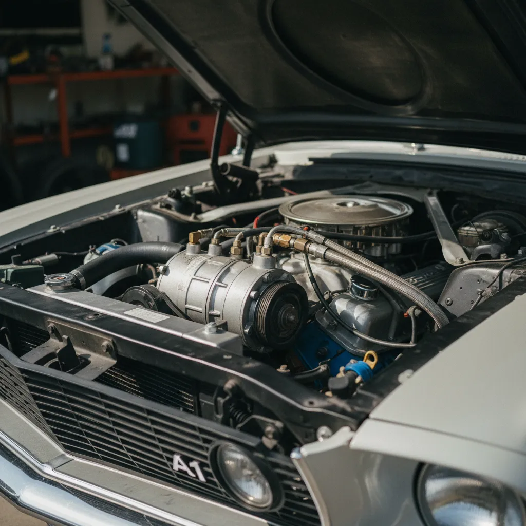 Le condenseur et le compresseur de climatisation dans le compartiment moteur