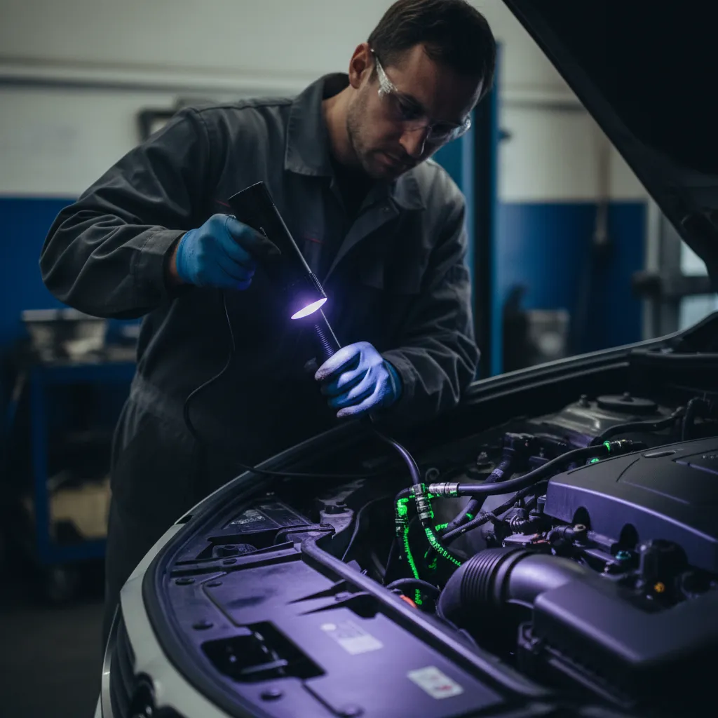 Recherche de fuite de réfrigérant au traceur UV sur le circuit de climatisation