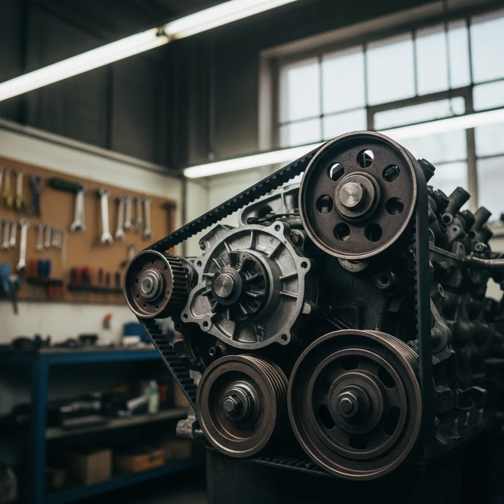 Le circuit de la courroie de distribution autour des poulies et de la pompe à eau