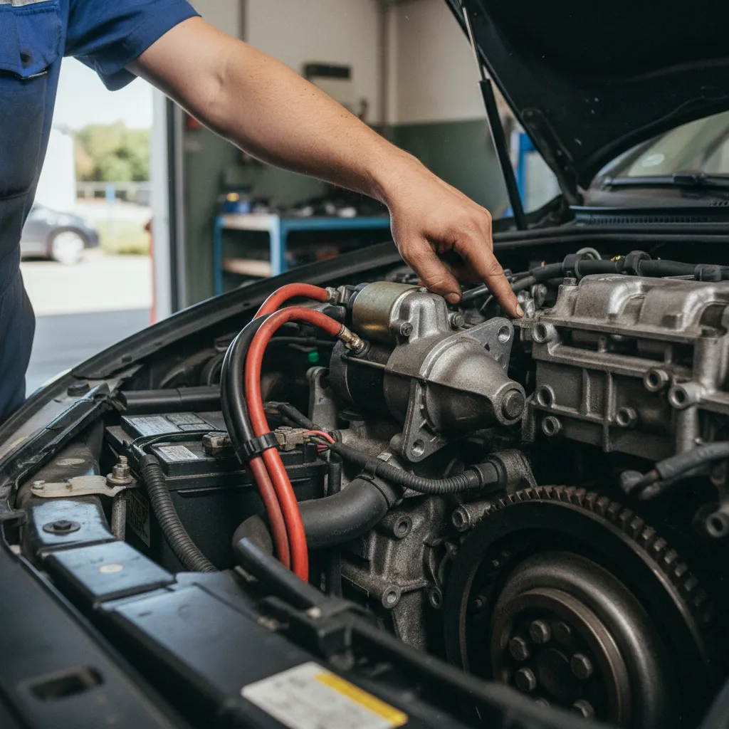 Emplacement du démarreur sur le bloc moteur avec ses connexions électriques visibles