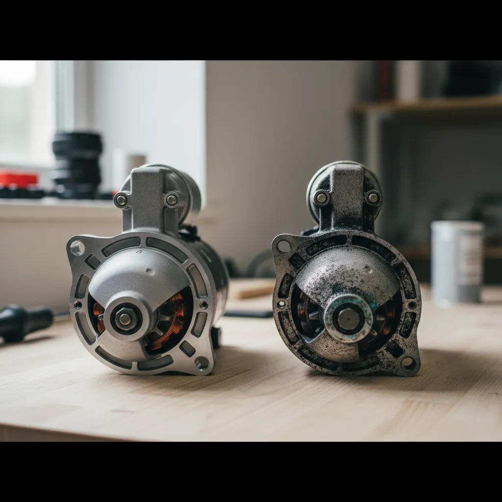 Comparaison entre un démarreur neuf et un démarreur usé aux charbons visiblement usés