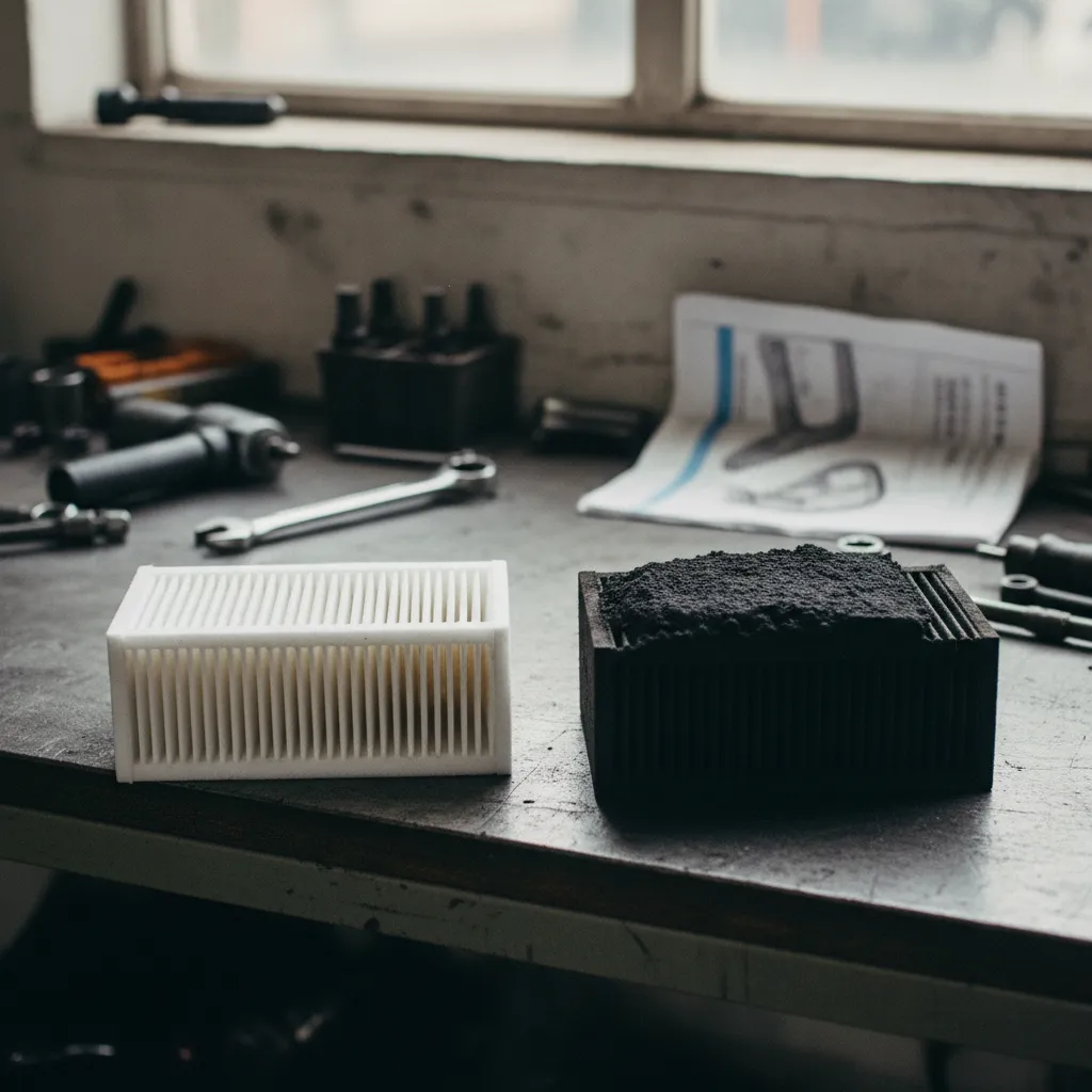 Comparaison entre un FAP neuf aux canaux propres et un filtre colmaté par les suies et les cendres