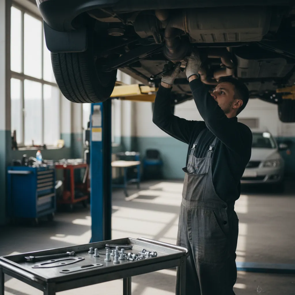 Pose d'un pot catalytique neuf sur un véhicule levé au pont