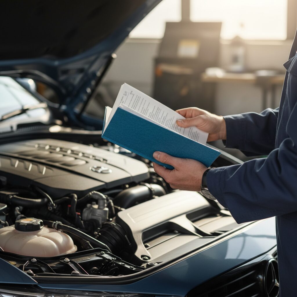 Propriétaire consultant le carnet d'entretien constructeur devant le moteur de sa voiture