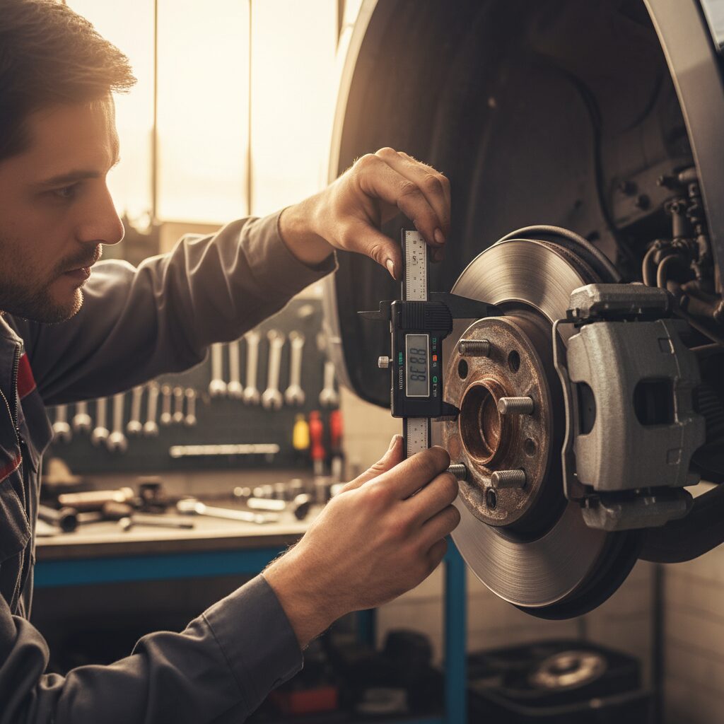 Mécanicien mesurant l'épaisseur des plaquettes de frein lors d'une révision automobile