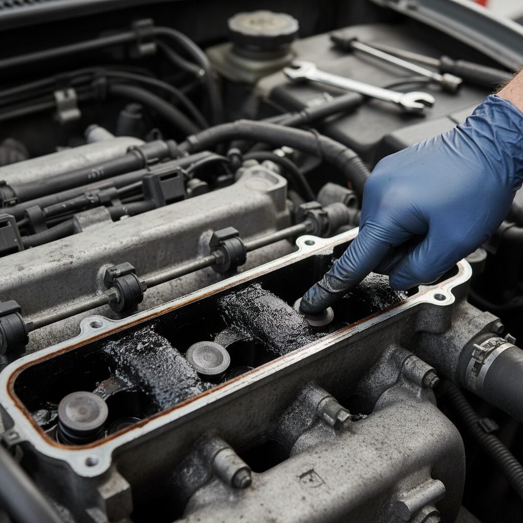 Dépôts de calamine visibles sur le collecteur d'admission d'un moteur diesel