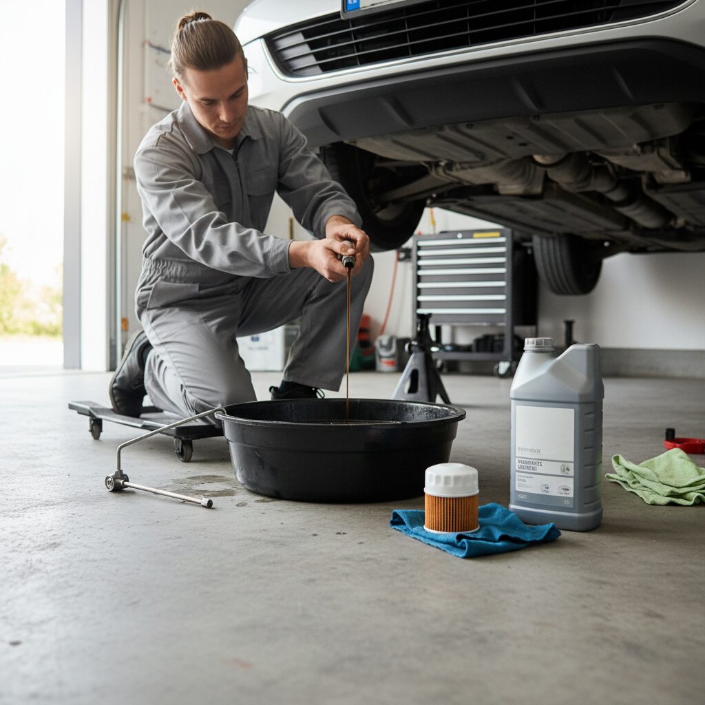 Vidange d'huile moteur réalisée à domicile avec bac de récupération et filtre neuf