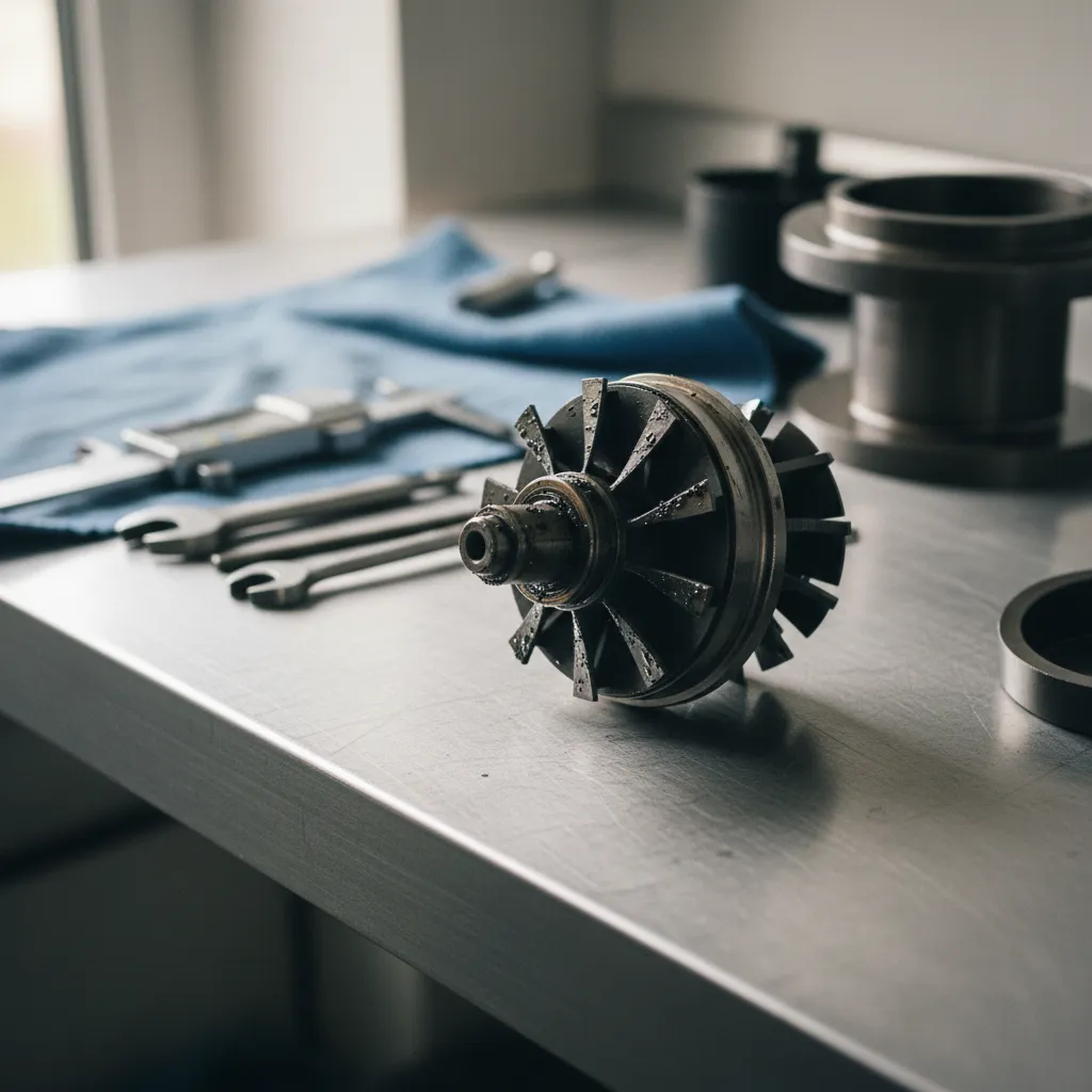 Turbine de turbo démontée révélant l'usure des paliers et les dépôts d'huile carbonisée