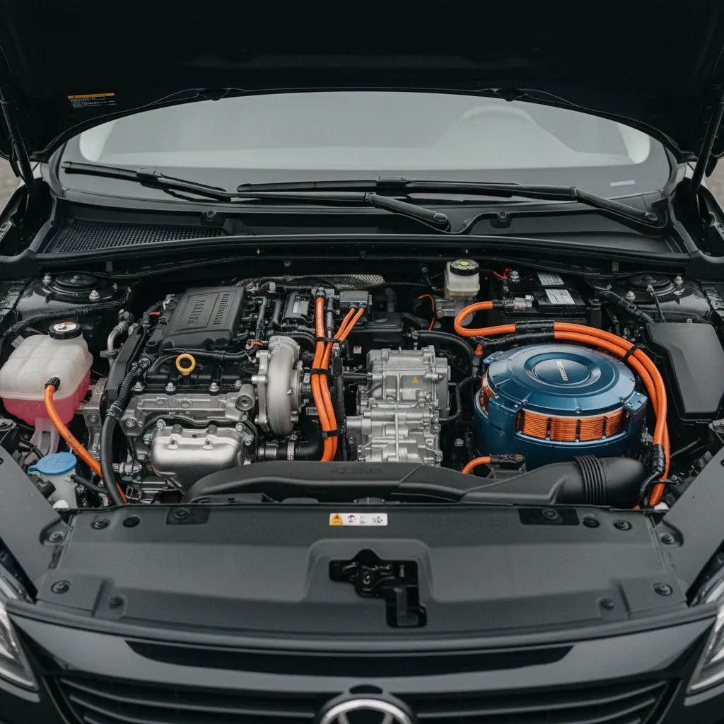 Le compartiment moteur d'un véhicule hybride associe moteur thermique et moteur électrique