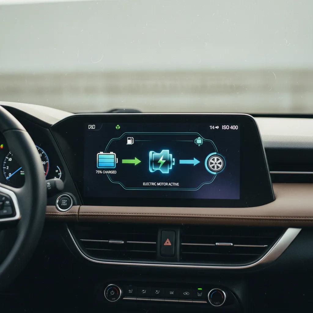 L'écran de flux d'énergie affiche la répartition entre moteur thermique et électrique en temps réel