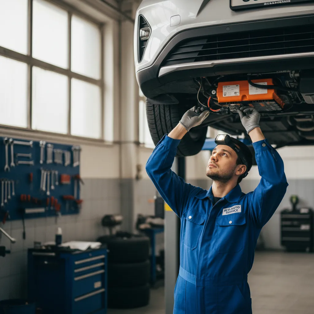 Un mécanicien habilité inspecte la batterie haute tension lors d'un contrôle d'occasion