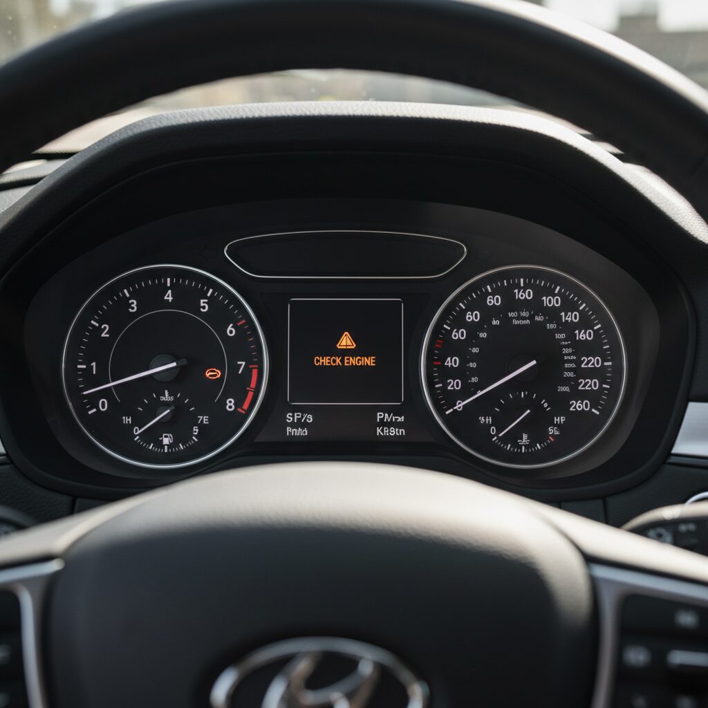 Tableau de bord moderne avec voyant moteur orange allumé