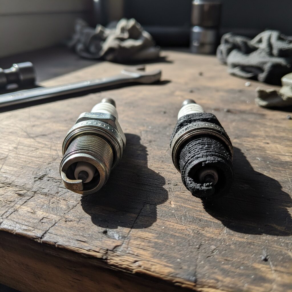 Comparaison entre une bougie d'allumage neuve et une bougie usée