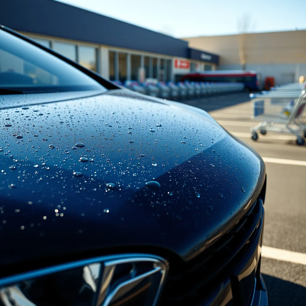 Véhicule fraîchement lavé sur le parking d'un hypermarché Leclerc