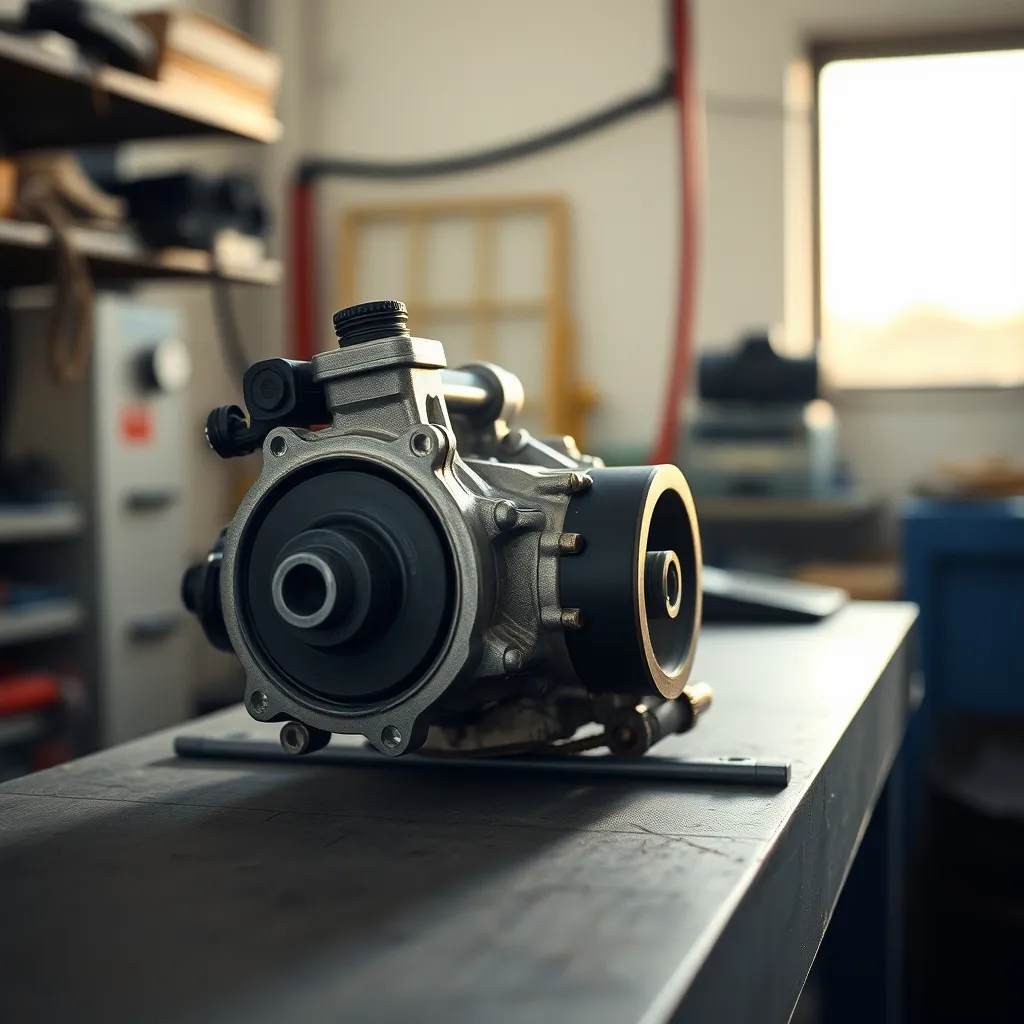 Une pompe de direction assistée hydraulique déposée avec sa poulie d'entraînement