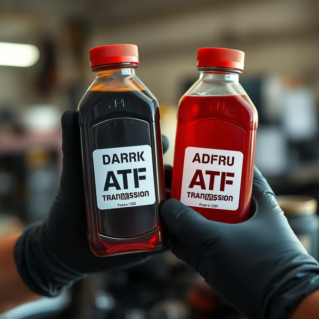 Comparaison entre un fluide ATF usagé (foncé) et un fluide neuf (rouge translucide)