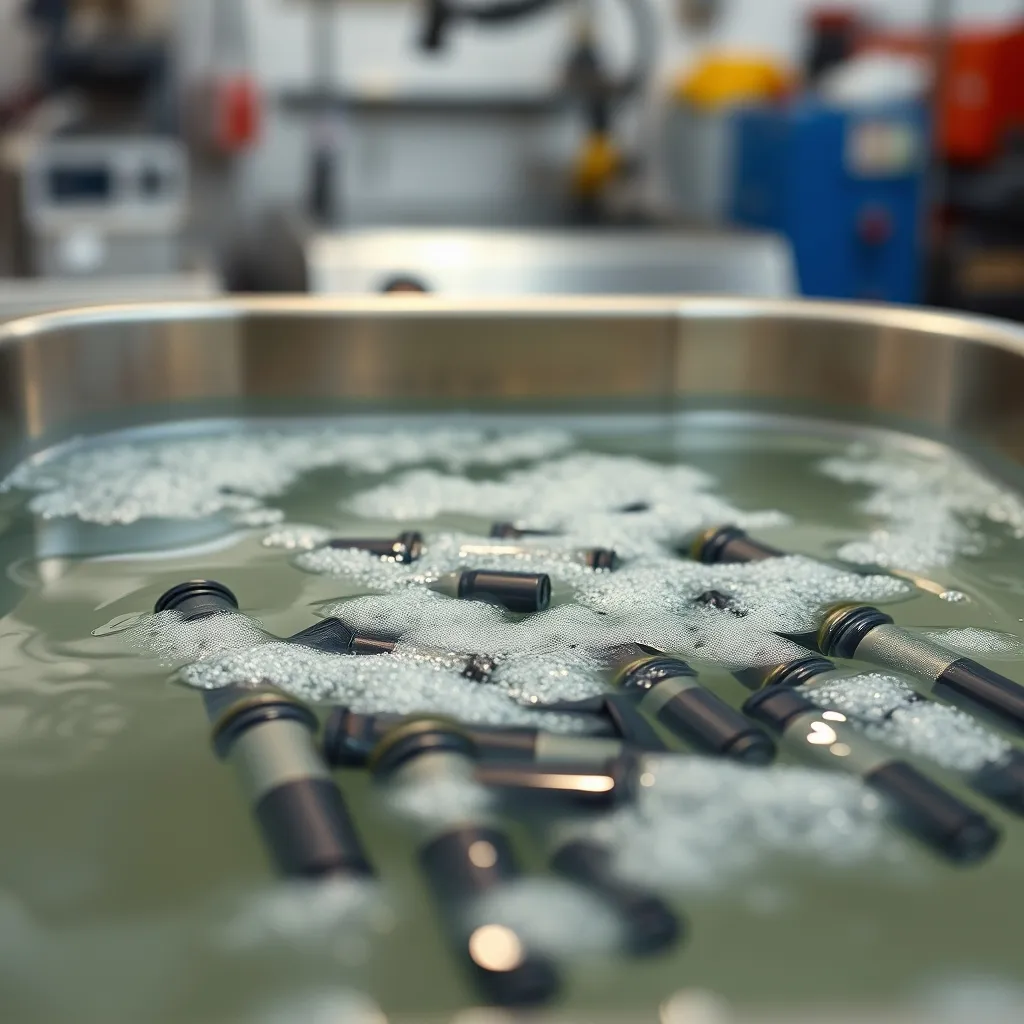 Nettoyage des injecteurs par ultrasons dans un bac professionnel