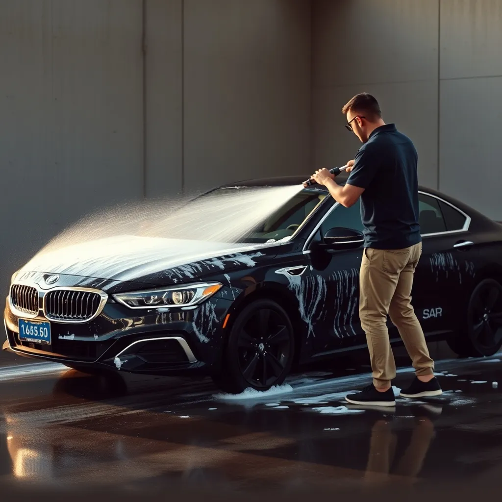 Lavage à la lance haute pression dans une piste en libre-service