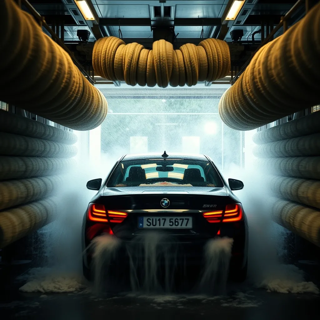 Un portique de lavage automatique à rouleaux textiles en pleine action