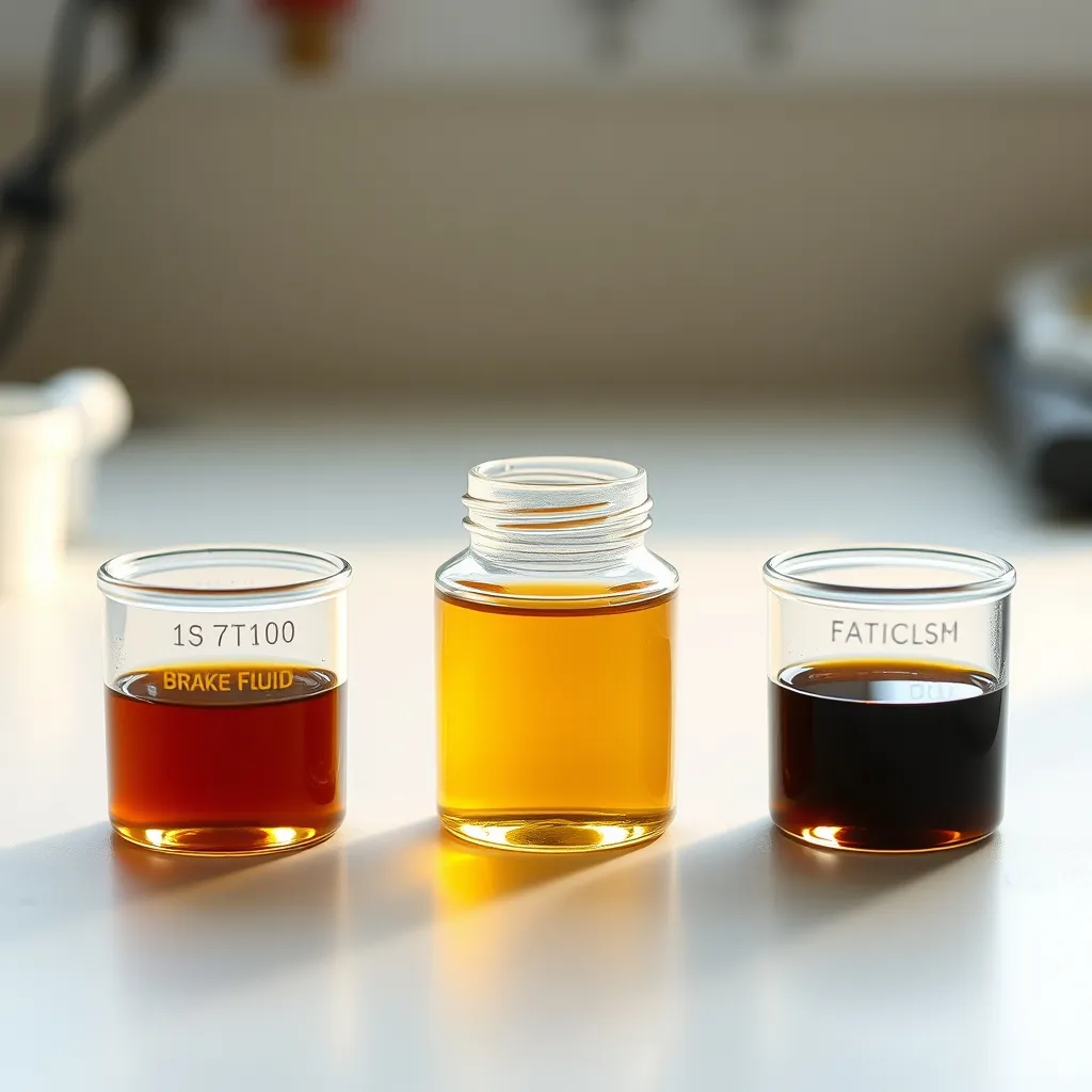 Comparaison visuelle entre un liquide de frein neuf (jaune clair) et un liquide usé (marron foncé)