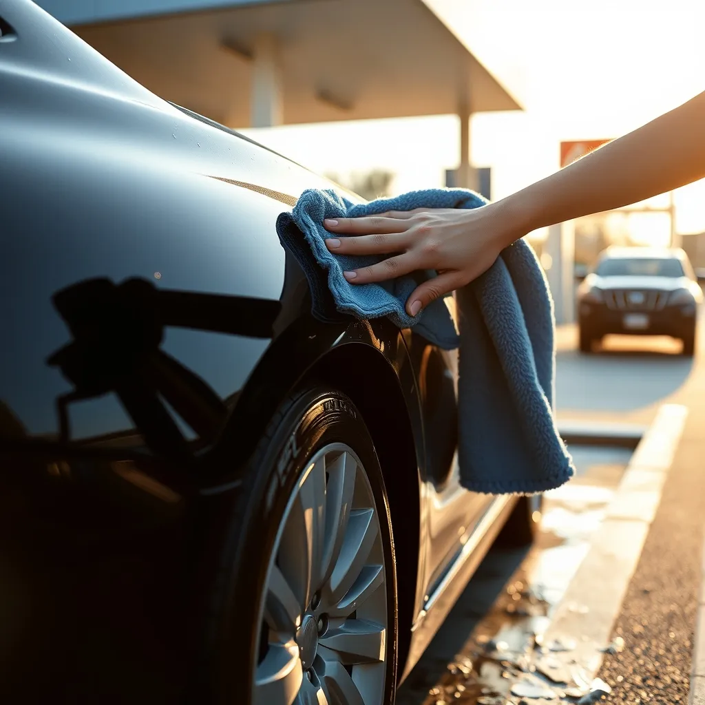 Séchage de la carrosserie avec un chiffon microfibre après le passage en station