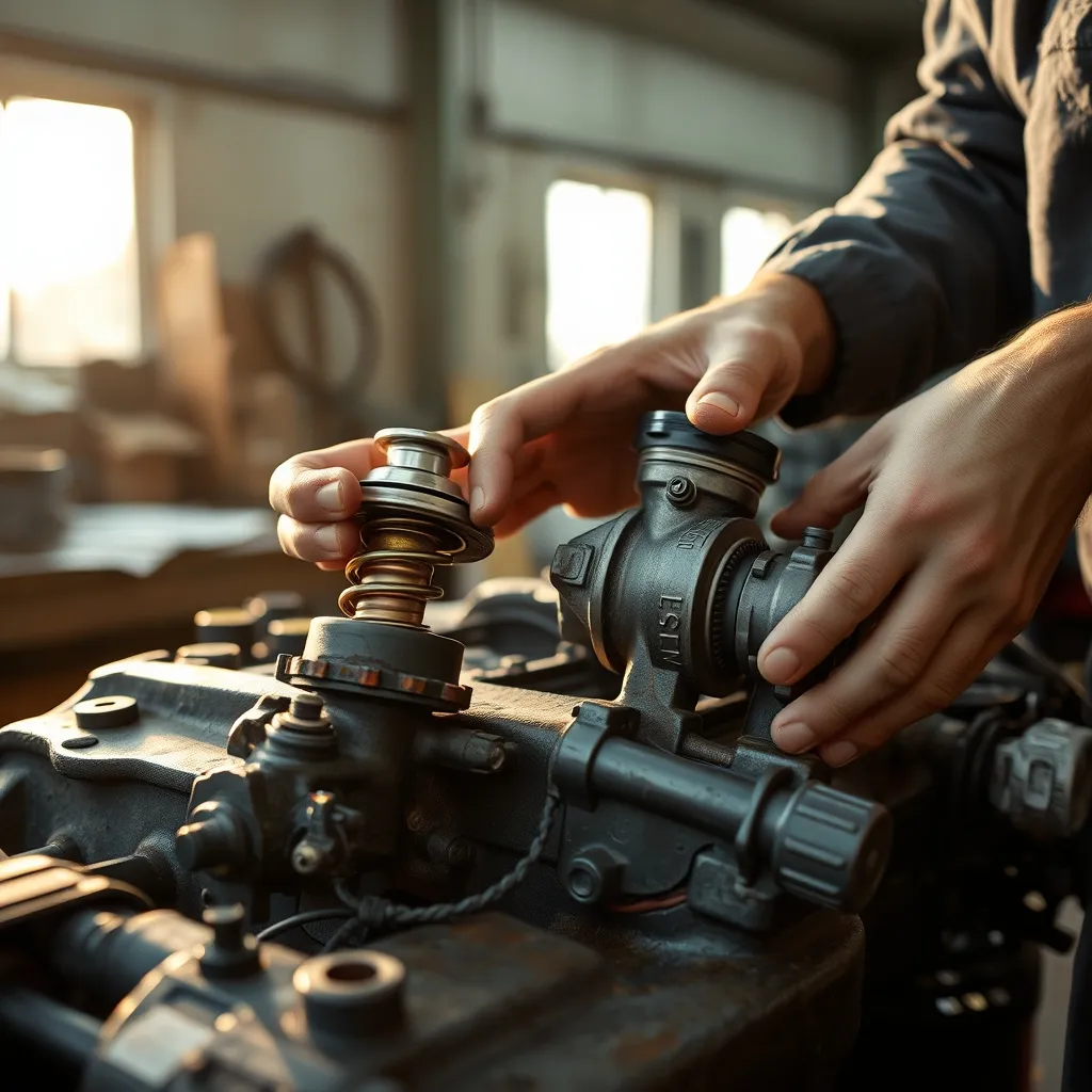 Thermostat et pompe à eau retirés d'un moteur pour inspection en atelier