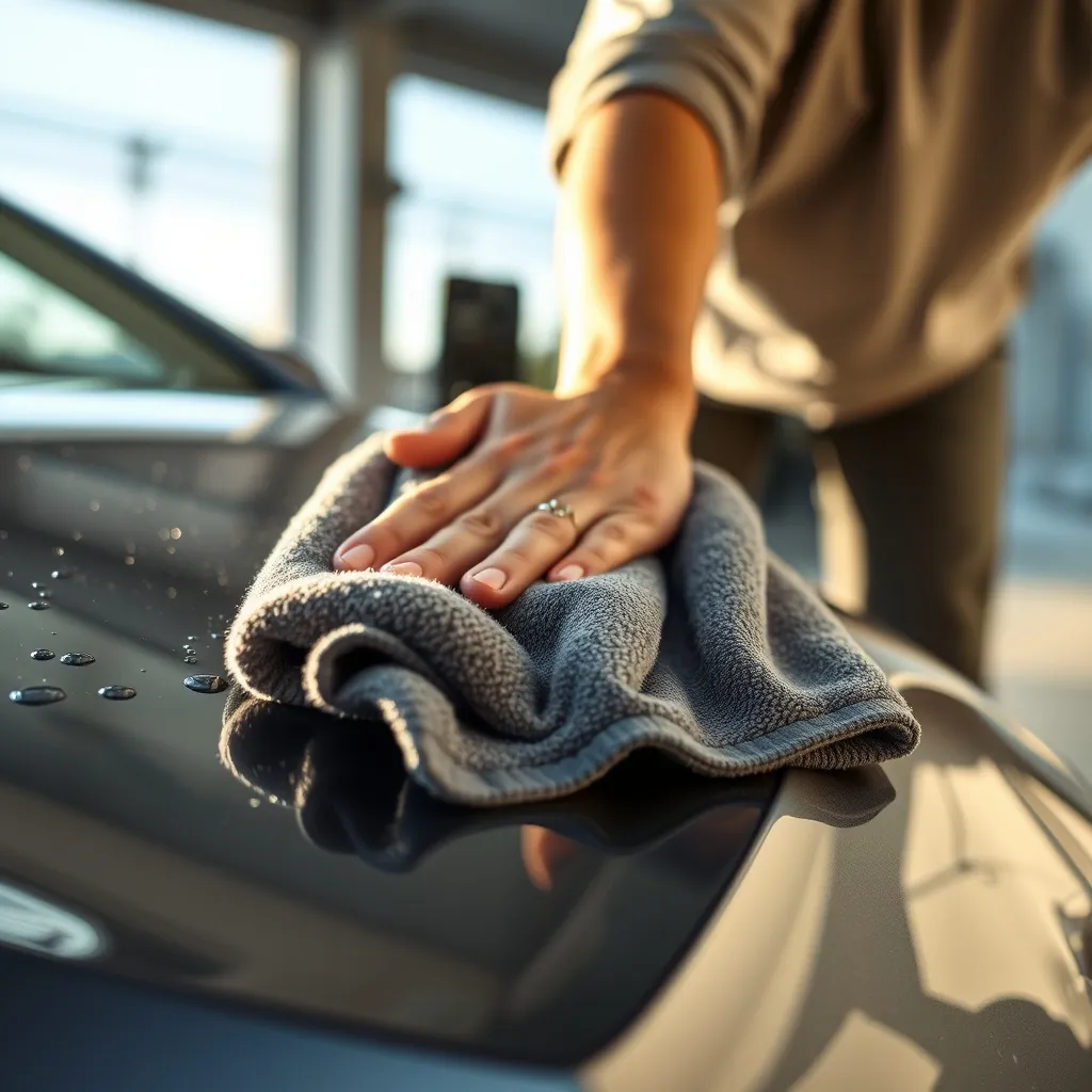 Séchage de la carrosserie avec une microfibre après le rinçage final