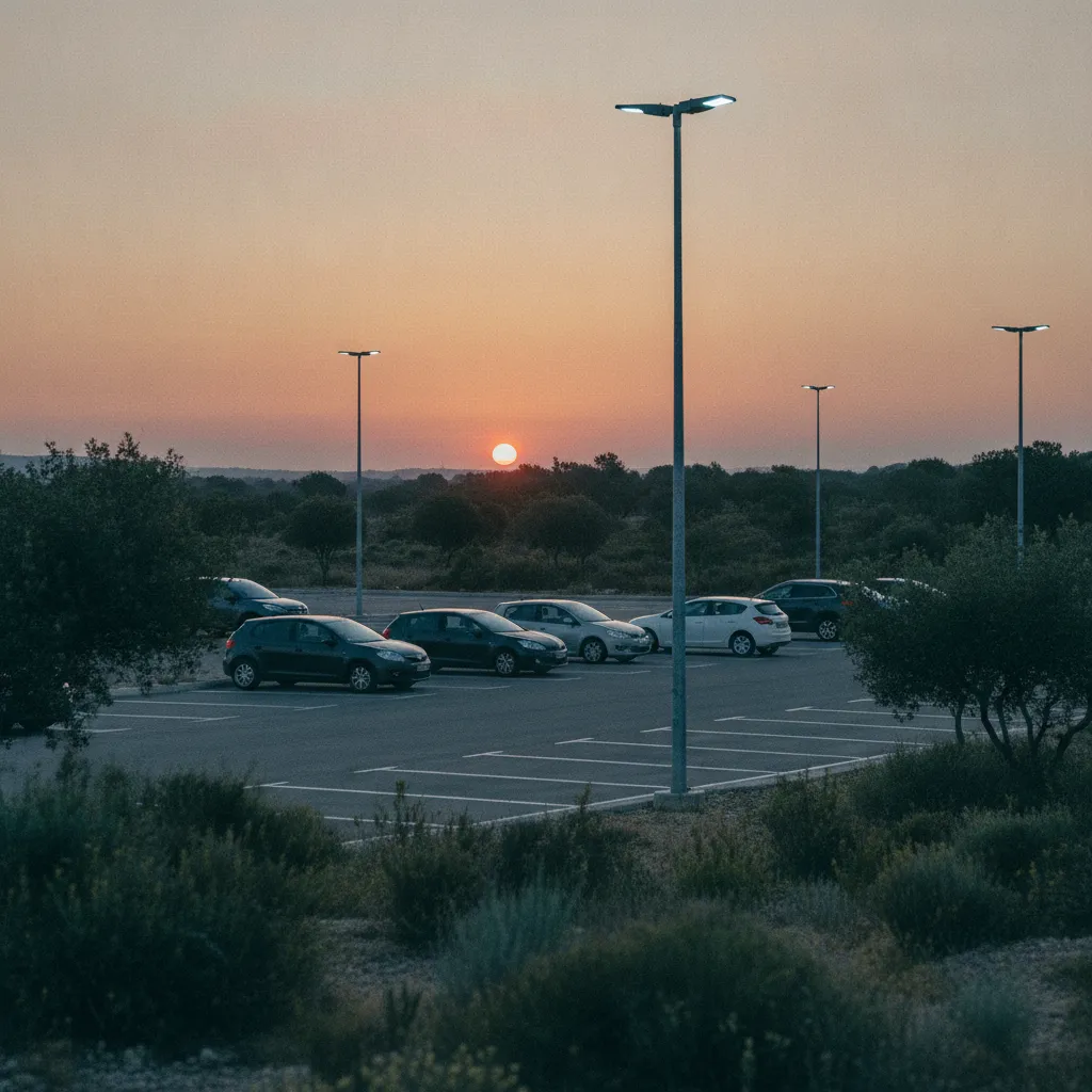 Le parking de covoiturage éclairé par des lampadaires LED, idéal pour les départs matinaux