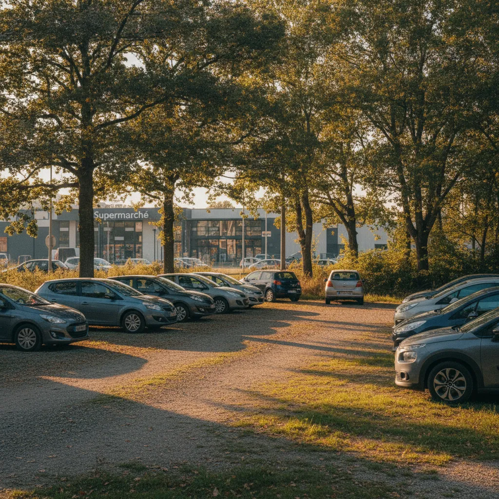 Plusieurs véhicules stationnés sur une aire de covoiturage bretonne en fin de journée