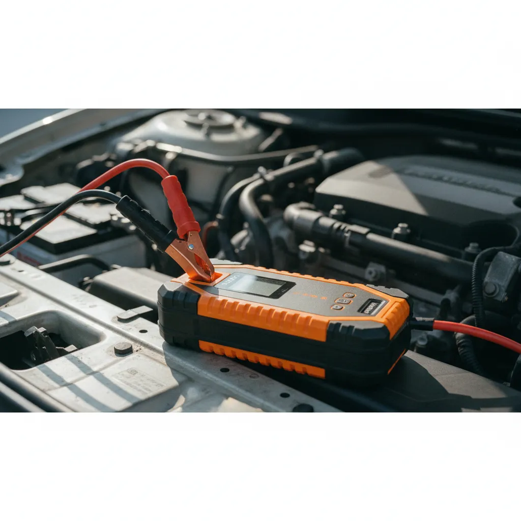 Booster portable lithium branché sur la batterie, prêt à relancer le moteur