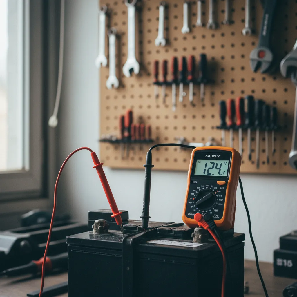 Mesure de la tension batterie au multimètre pour vérifier l'état de charge