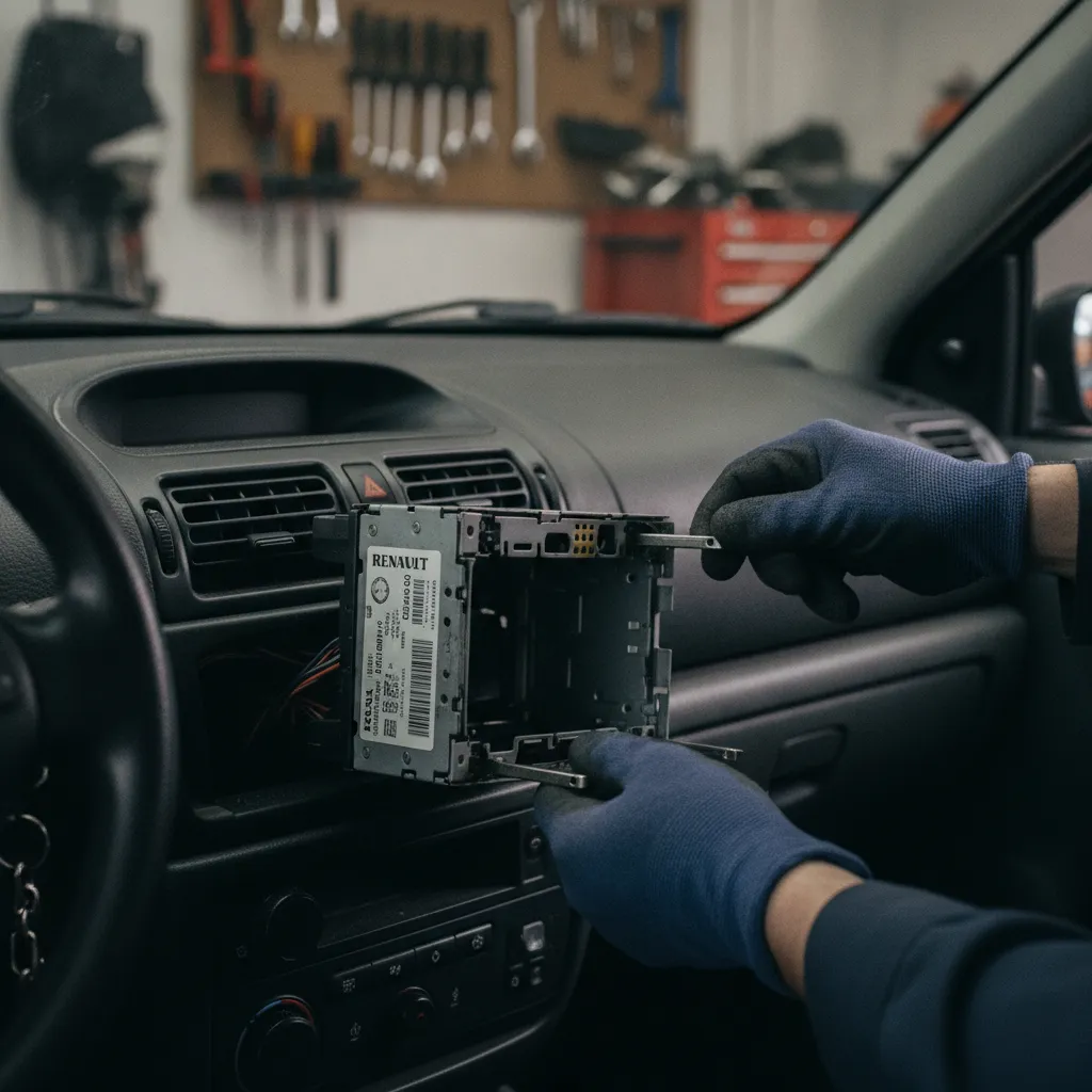 Extraction de l'autoradio avec des clés métalliques pour accéder au pré-code sur l'étiquette
