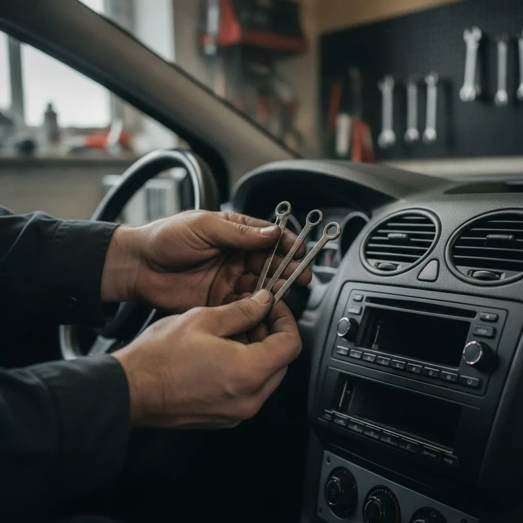 Clés d'extraction métalliques utilisées pour démonter un autoradio Ford