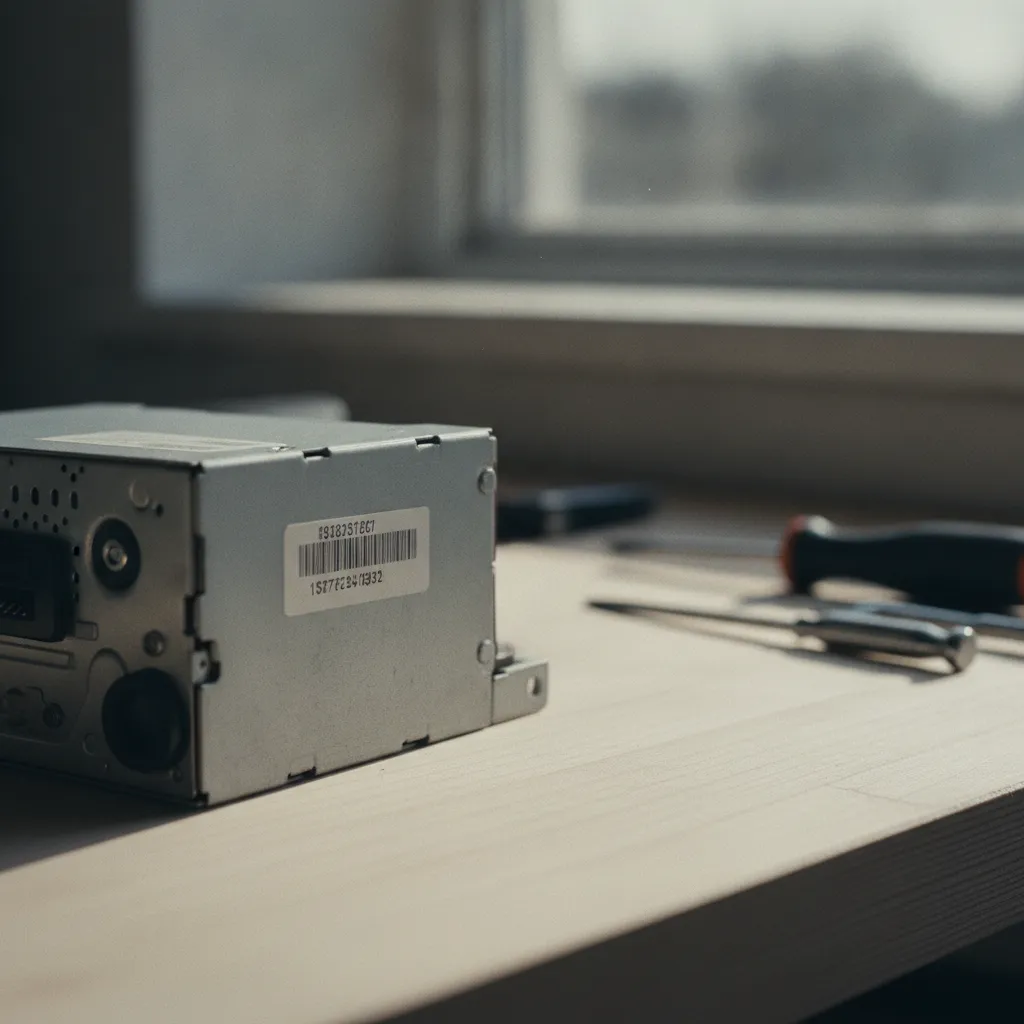 Étiquette avec le numéro de série visible sur le boîtier de l'autoradio Ford