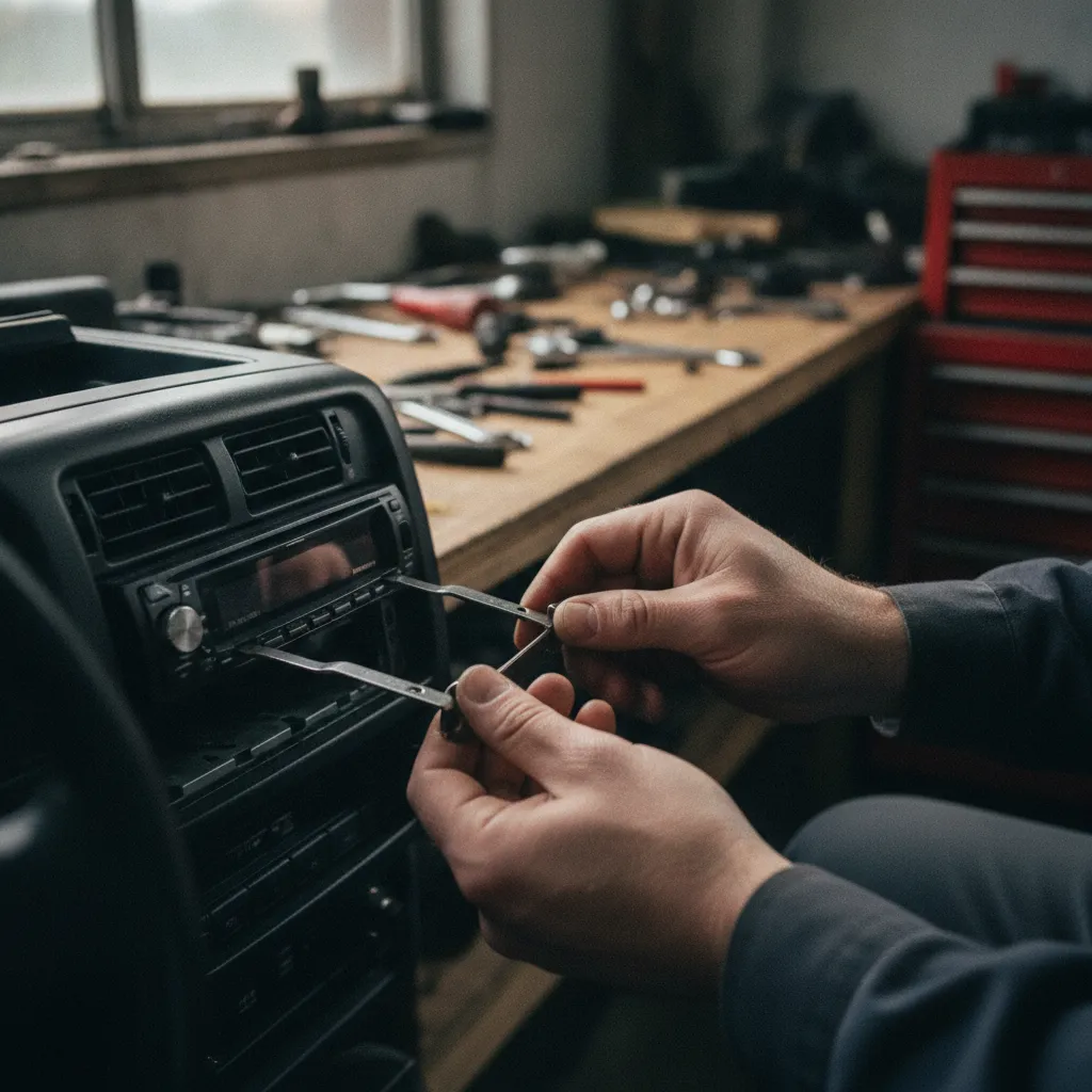 Extraction d'un autoradio Nissan avec des clés dédiées pour accéder au numéro de série