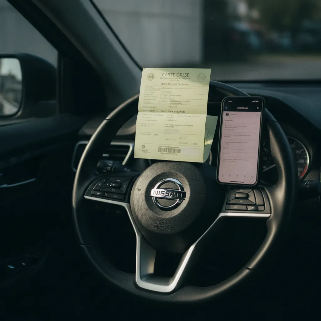 Carte grise et smartphone prêts pour la demande de code auprès de la concession Nissan