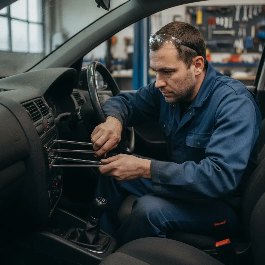 Démontage de l'autoradio avec les clés d'extraction pour relever le numéro de série