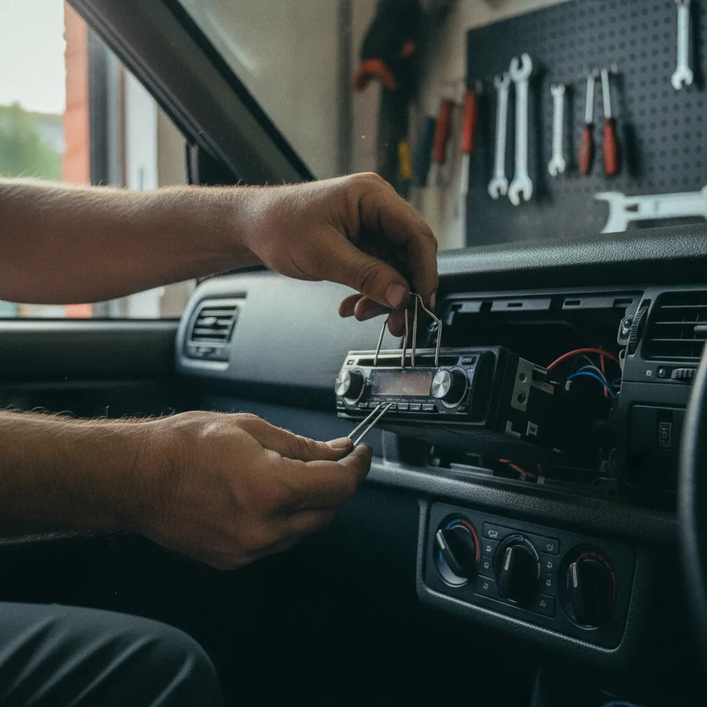 Extraction de l'autoradio VW à l'aide des clés métalliques pour accéder au numéro de série