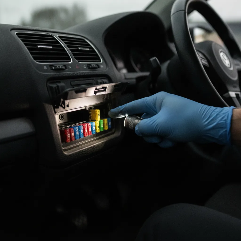 Platine de fusibles d'une Golf 4 avec le fusible autoradio n°28 en position côté conducteur