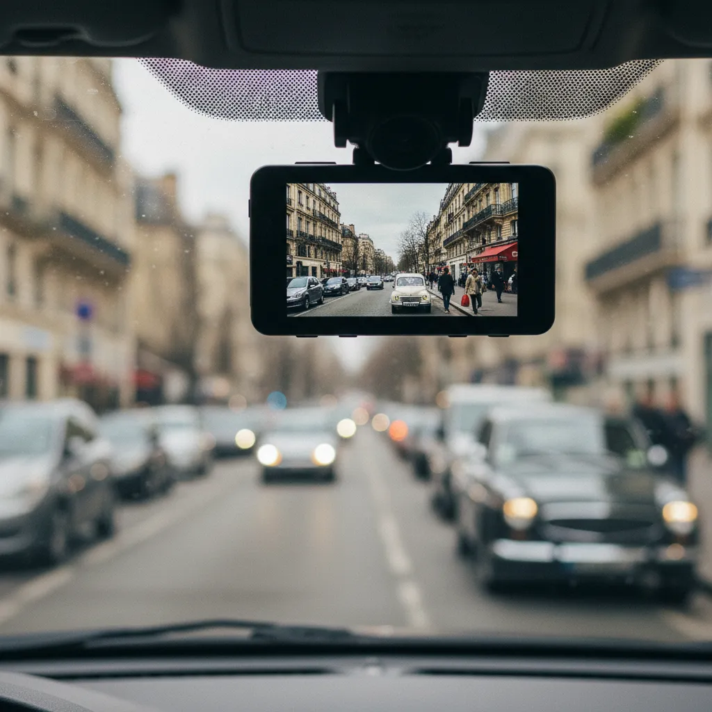 Écran d'une dashcam affichant les images enregistrées en temps réel sur une route urbaine
