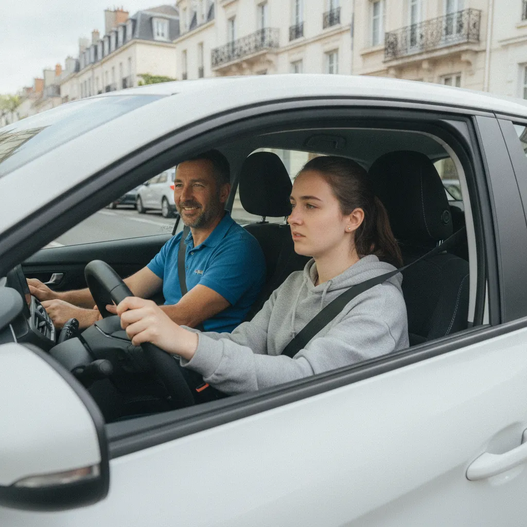 Un moniteur accompagne un élève lors d'une leçon de conduite en agglomération