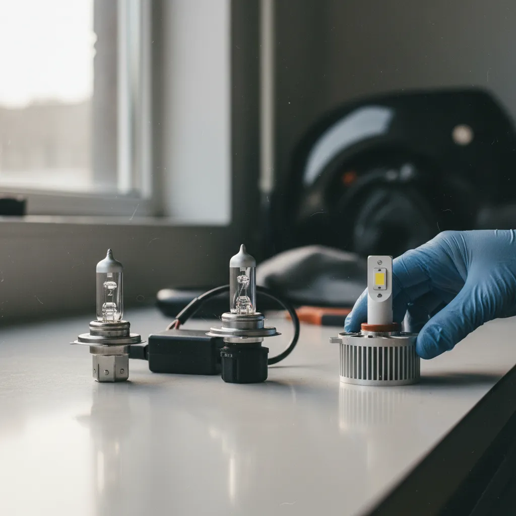 Comparaison visuelle des trois types d'ampoules : halogène H7, xénon D2S et LED de remplacement