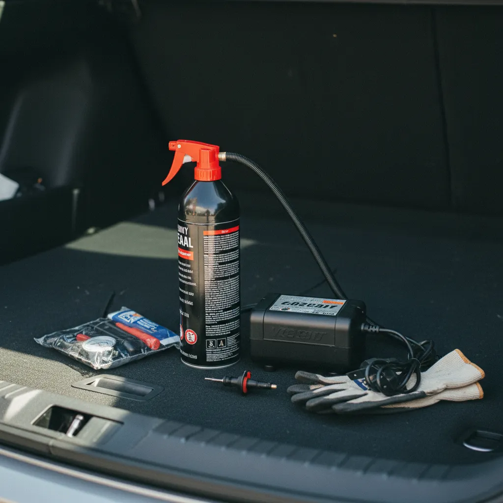 Le kit anti-crevaison fourni par le constructeur comprend un flacon de produit étanchéant et un compresseur 12V