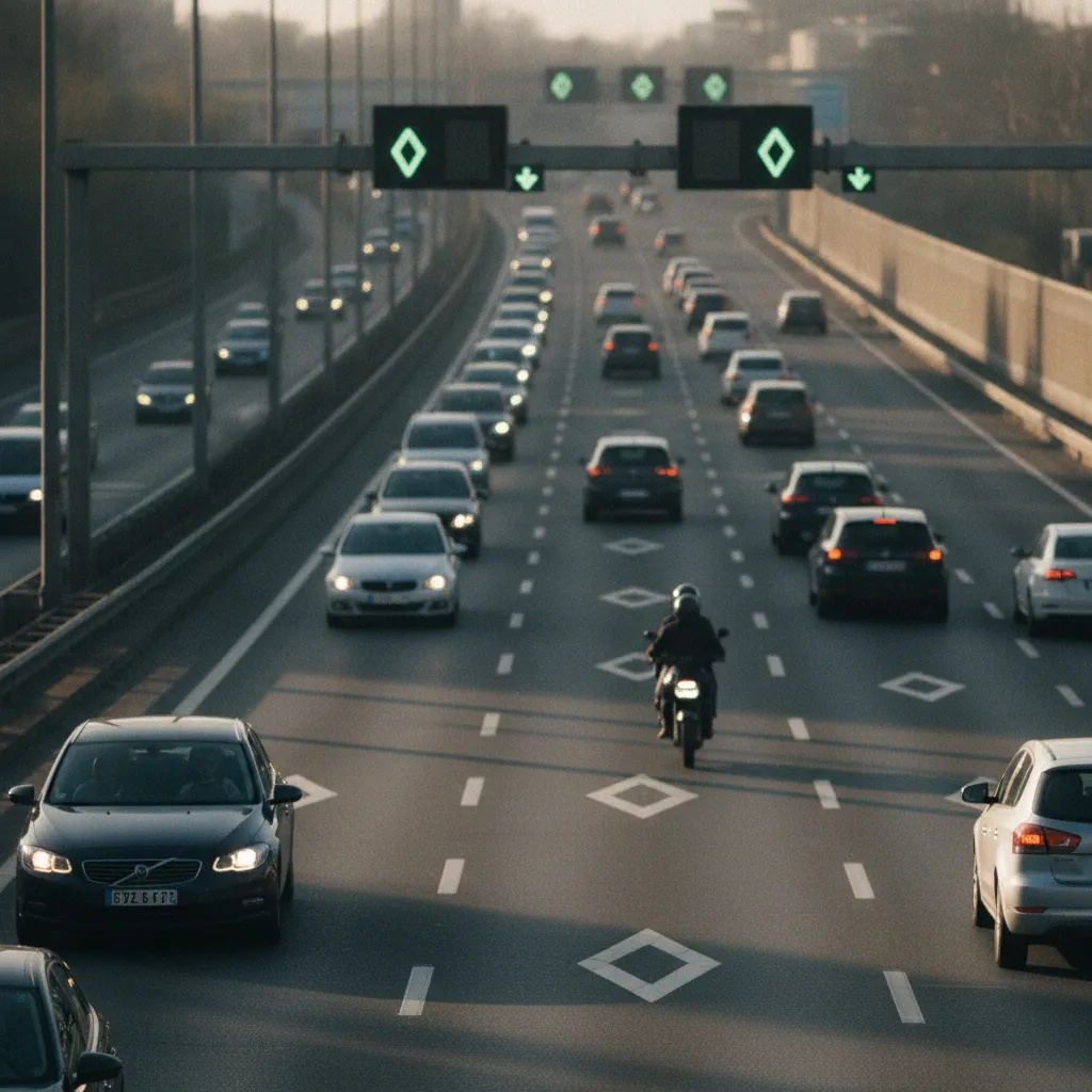 Voie réservée au covoiturage avec signalisation lumineuse active sur le périphérique