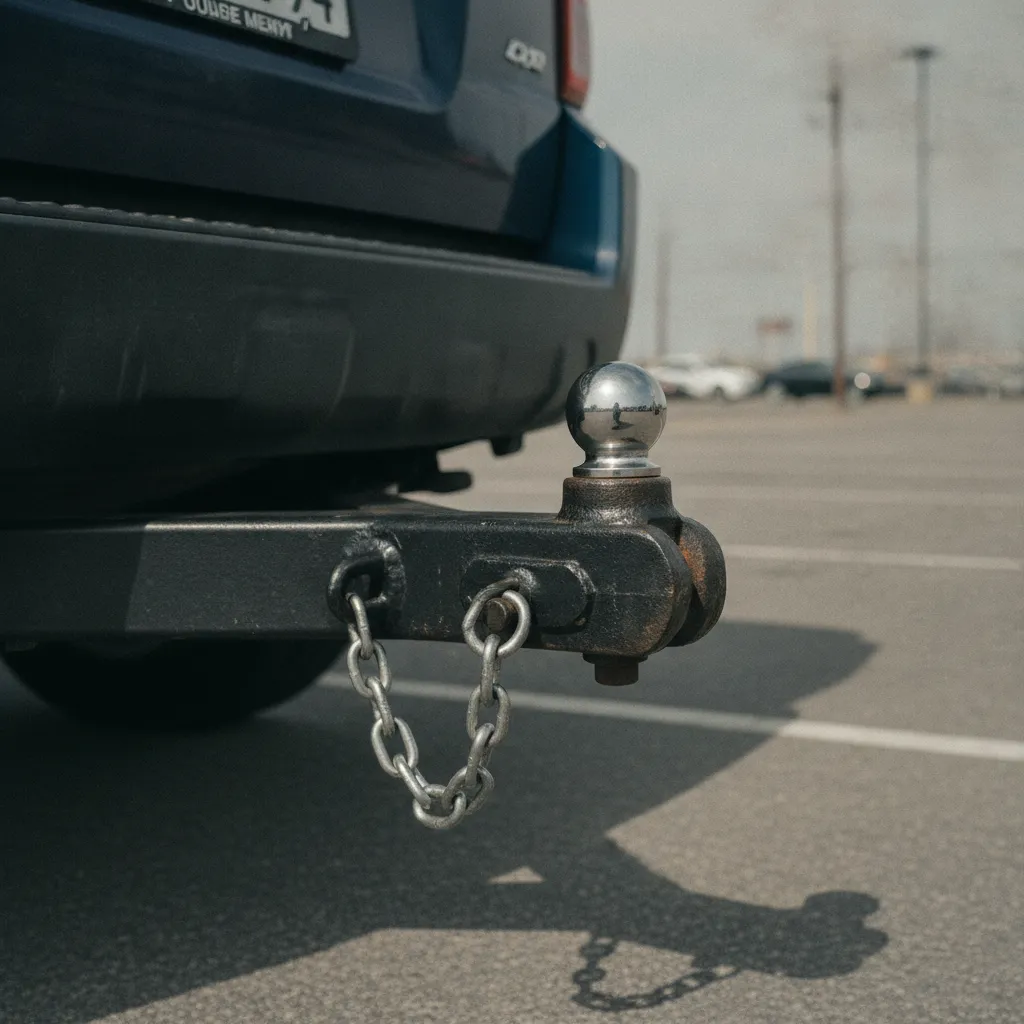 Détail de l'attelage boule et du câble de sécurité reliant la remorque au véhicule tracteur