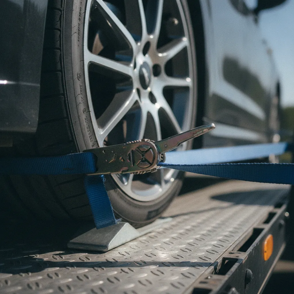 Sangles à cliquet fixées sur les roues pour immobiliser le véhicule sur la remorque