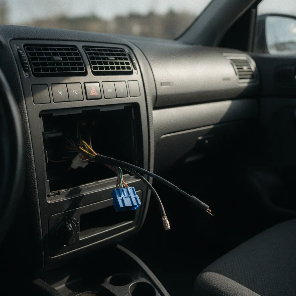 Emplacement autoradio d'une Volkswagen Golf avec connecteur quadlock visible