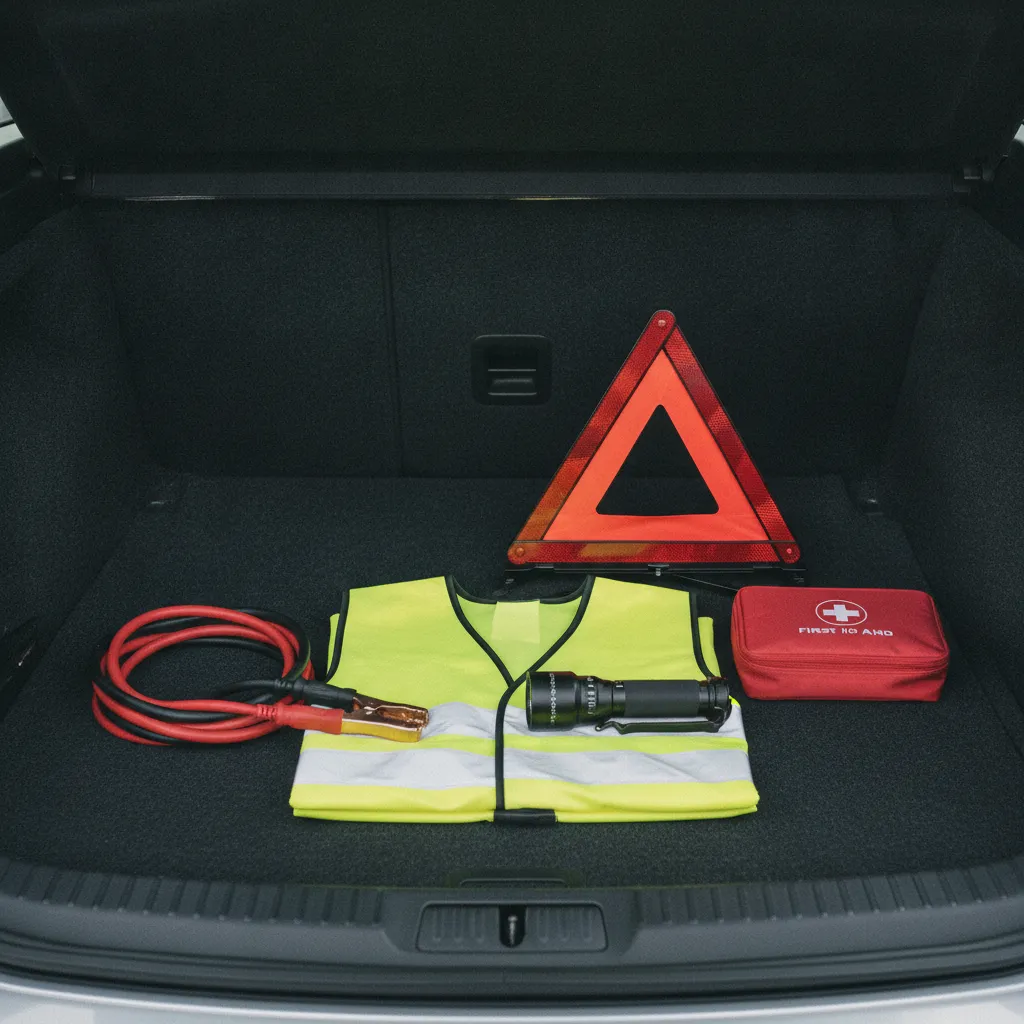 Kit de sécurité complet dans un coffre de voiture : gilet, triangle, câbles et trousse de secours