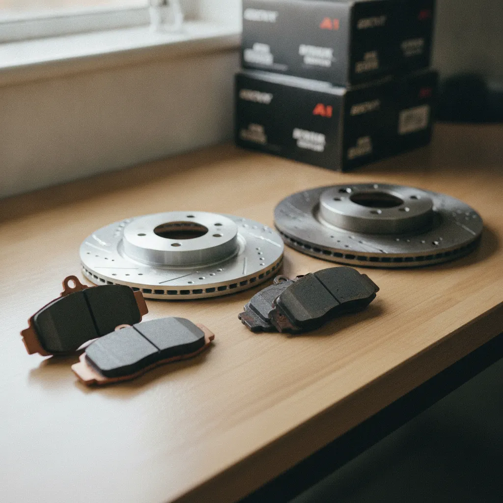 Comparaison entre plaquettes et disques de frein neufs et usés avant remplacement